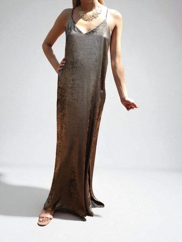 Robe longue bretelles croisées & perlées - bronze