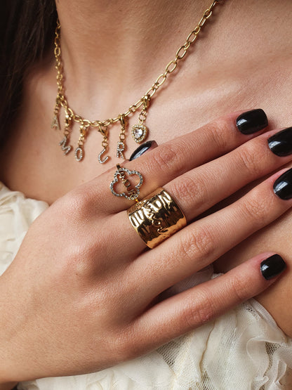 Bague AMOUR trèfle zircons - doré