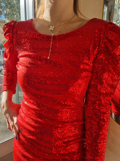 Robe de soirée dos nu sequins épaules bouffantes - rouge