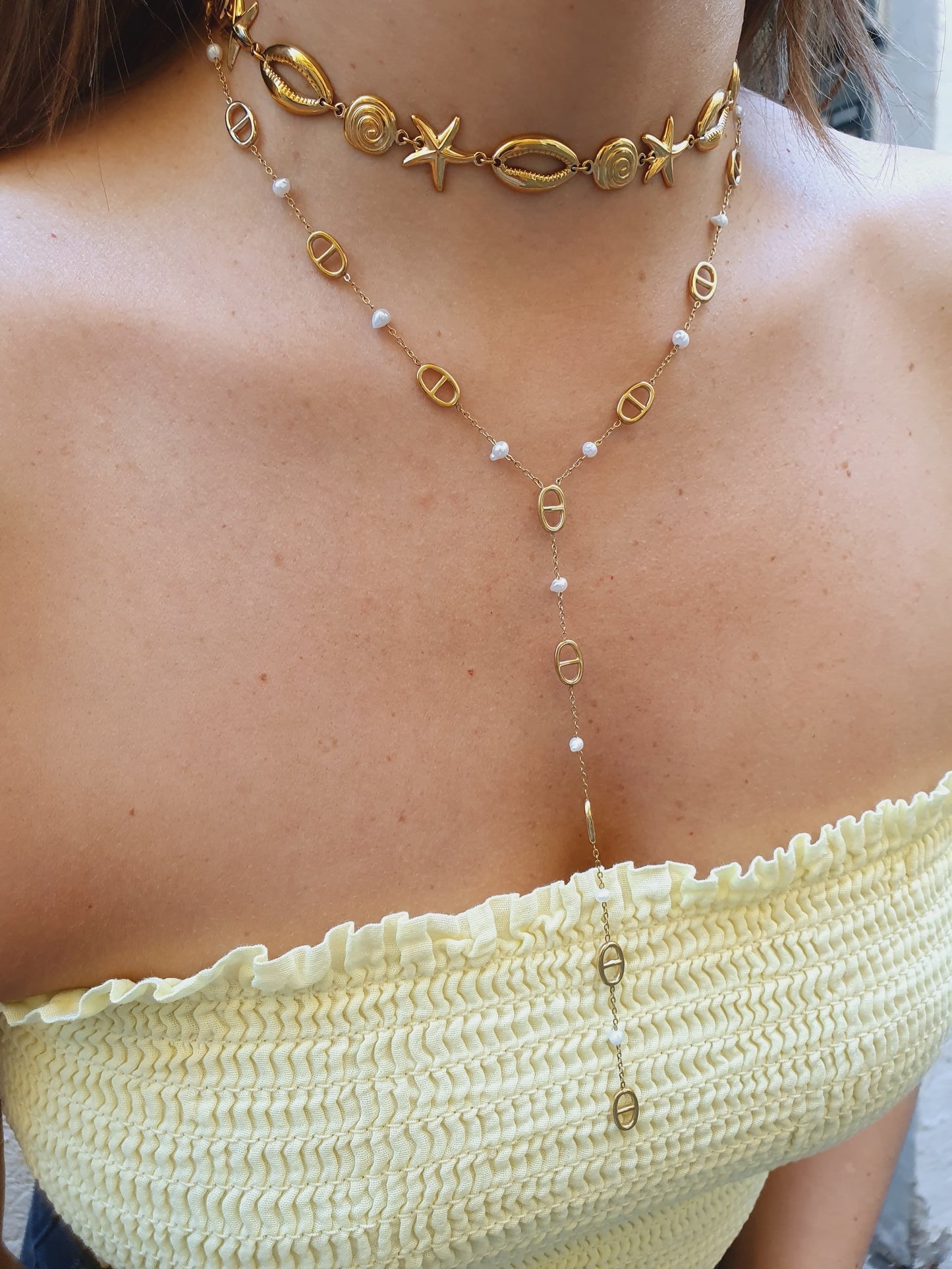 Sautoir maille marine & perles d'eau douce