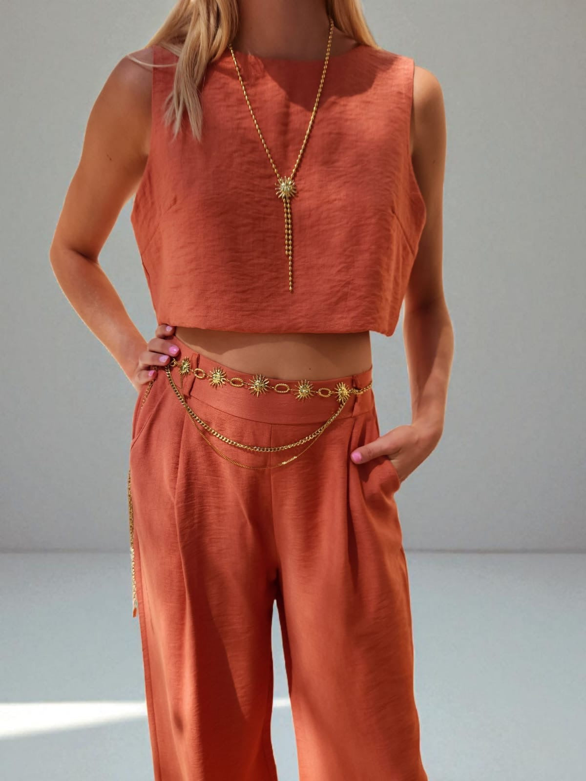 Ensemble Palazzo & Crop Top en Lin & Coton - Terracotta