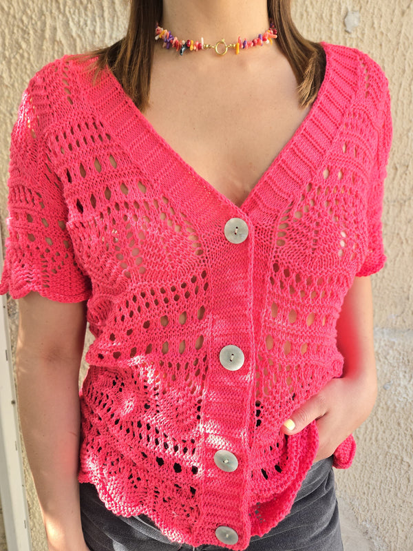 Gillet crochet rose framboise