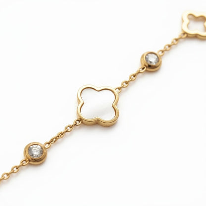 Bracelet trèfle & zircons - doré/nacre