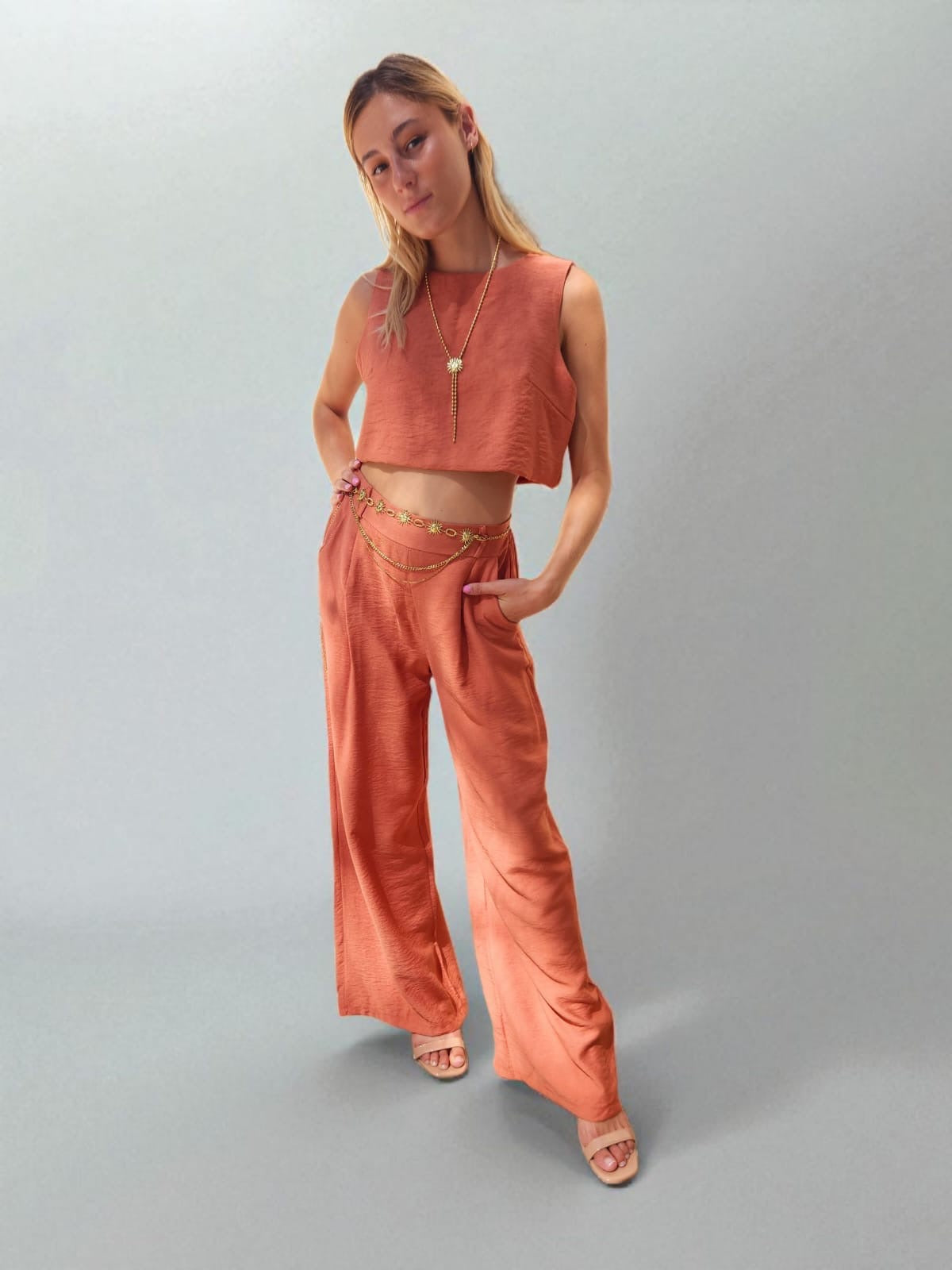 Ensemble Palazzo & Crop Top en Lin & Coton - Terracotta