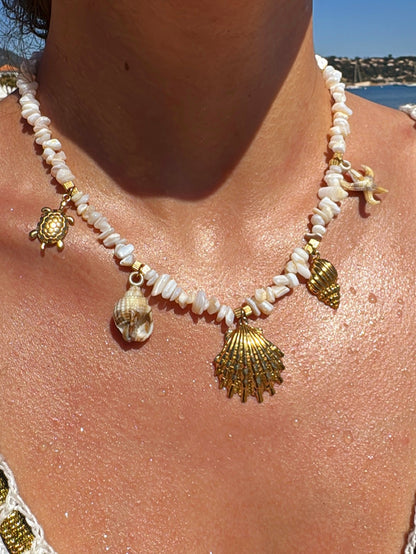Collier pierre et breloques | Blanc / Doré