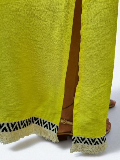 Robe longue bretelles franges - jaune
