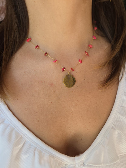 Collier éclats de pierres et coquillage - rouge