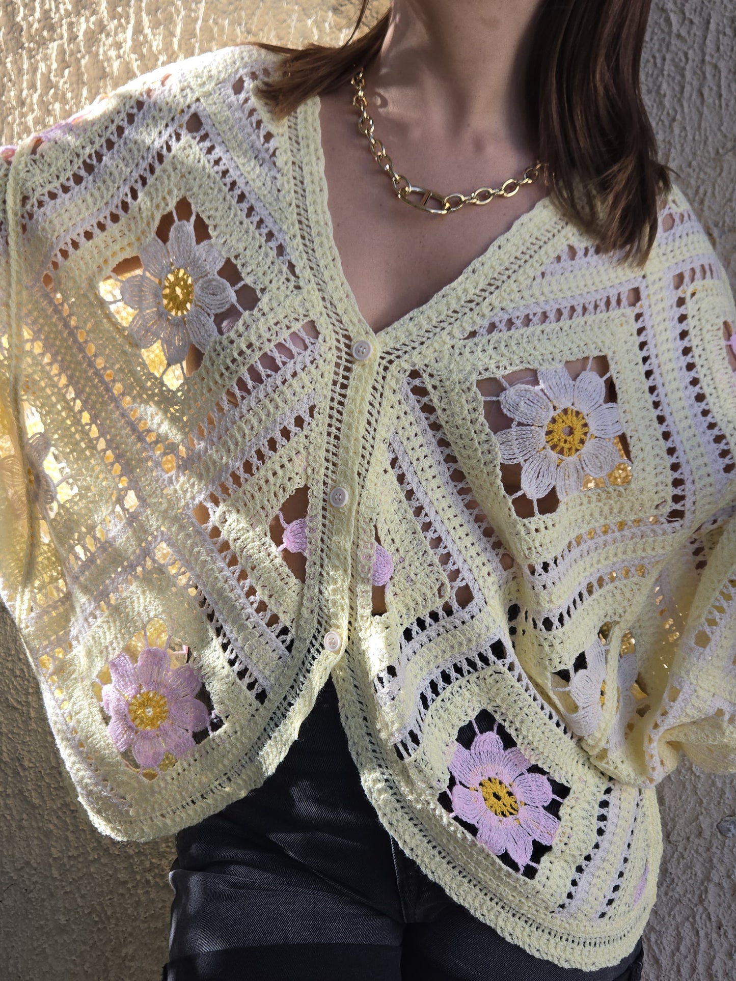 Gilet crochet fleurs oversize