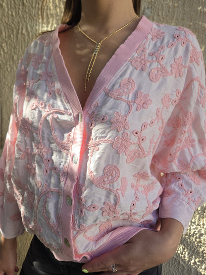 Gilet crochet fleurs oversize - rose