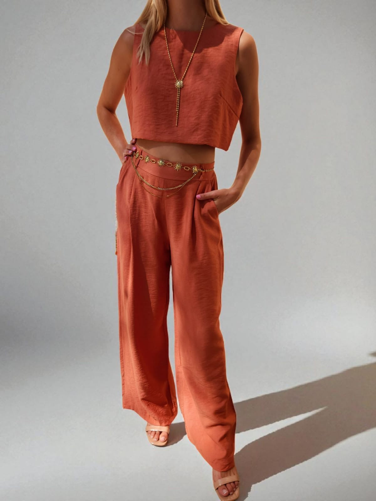 Ensemble Palazzo & Crop Top en Lin & Coton - Terracotta