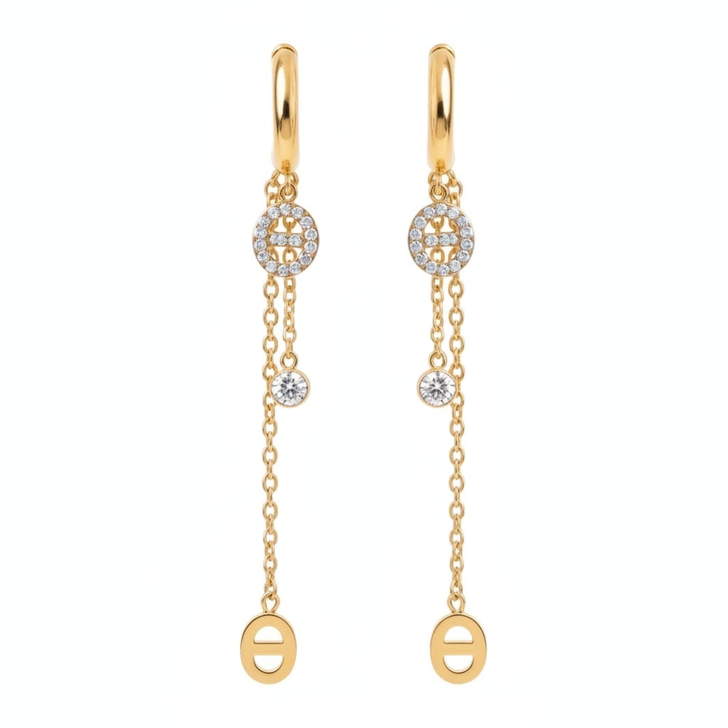 Boucles d'oreilles pendantes maille marine et zircons - doré