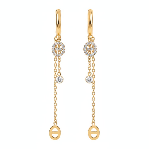 Boucles d'oreilles pendantes maille marine et zircons - doré