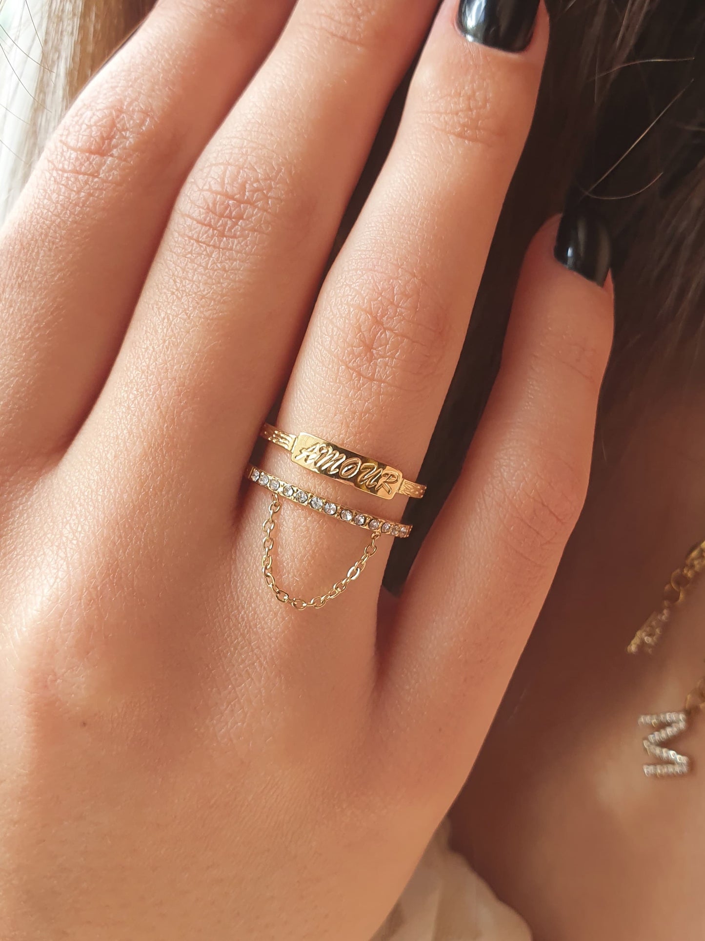 Bague AMOUR chaînette – Dorée