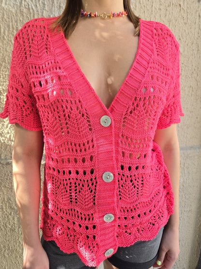 Gillet crochet rose framboise