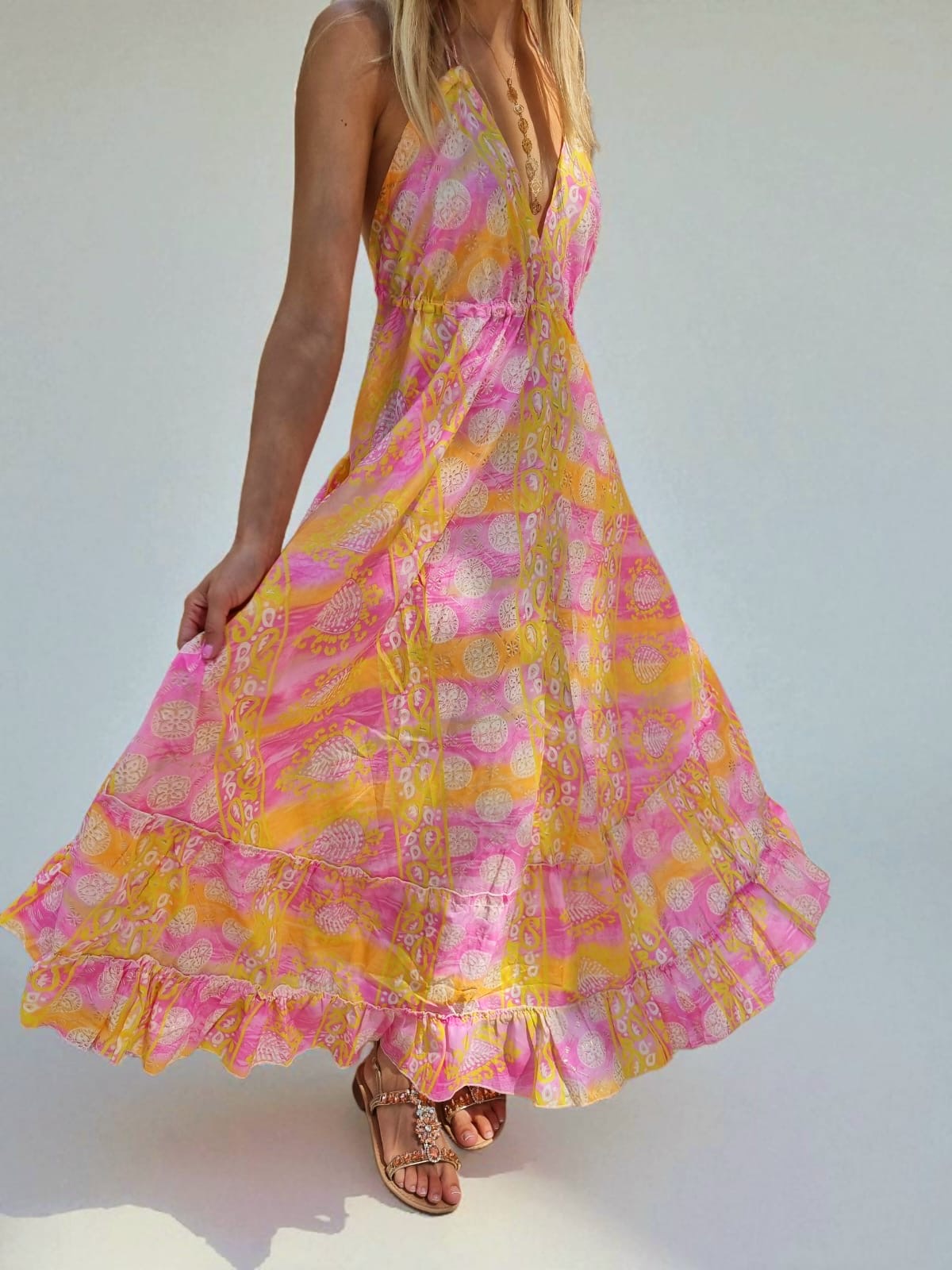 Robe en soie dos nu - jaune/rose