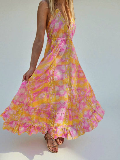 Robe en soie dos nu - jaune/rose