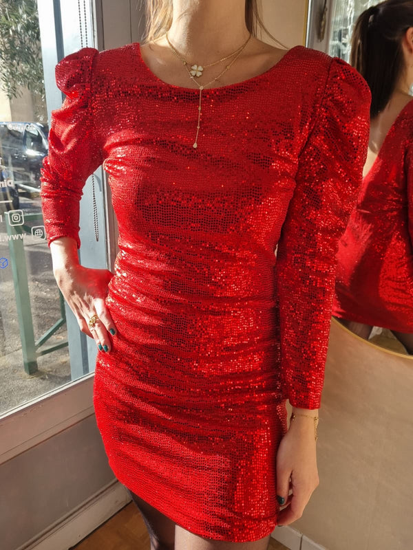 Robe de soirée dos nu sequins épaules bouffantes - rouge