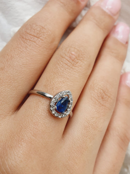Bague goutte bleu contour zircon - argenté