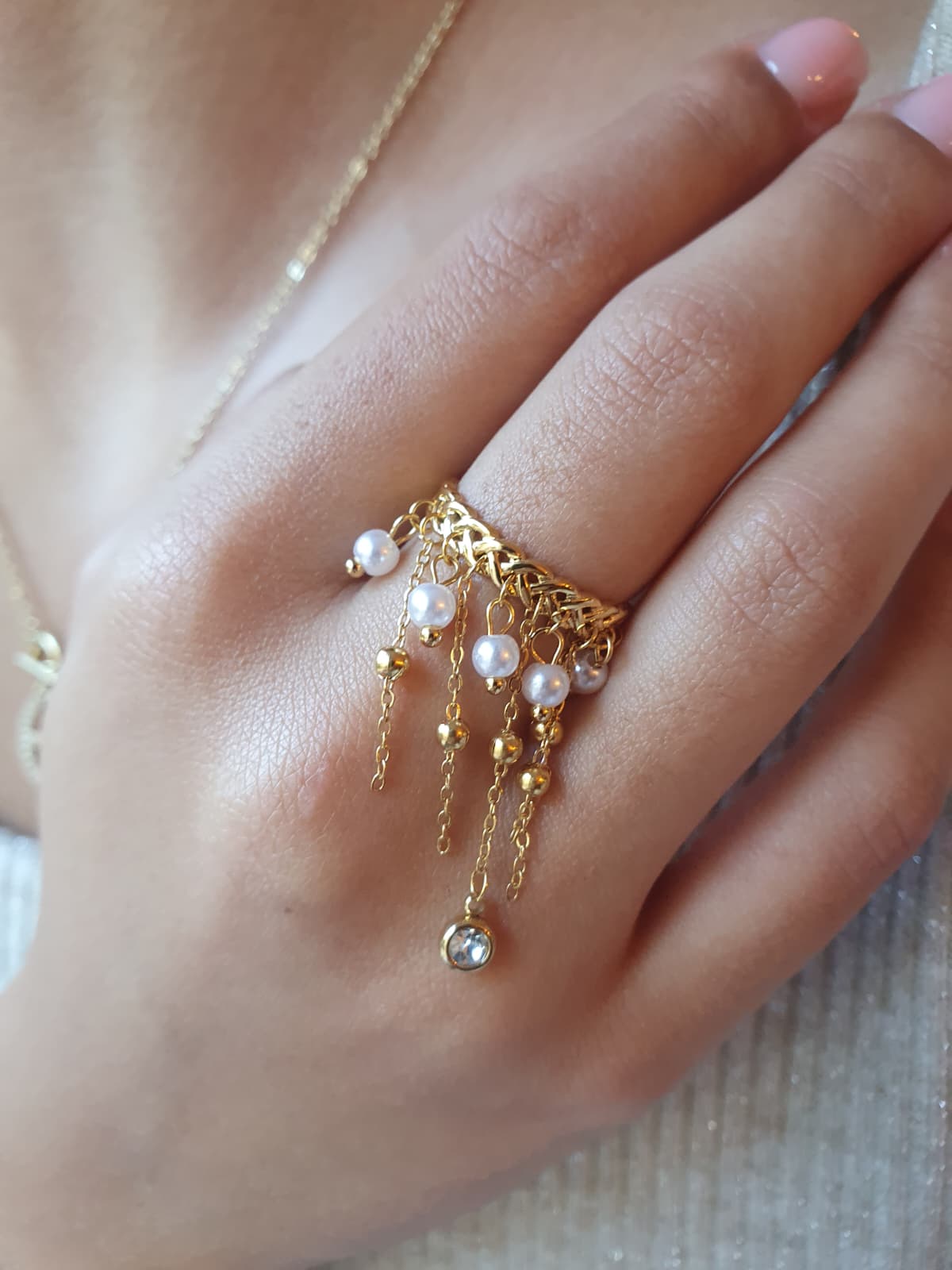 Bague Cascade perlée & zircon - doré