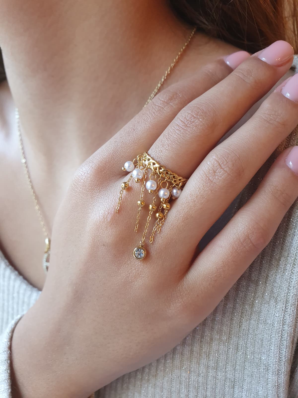 Bague Cascade perlée & zircon - doré