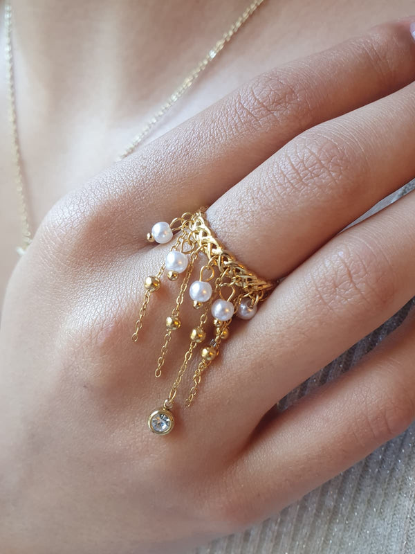 Bague Cascade perlée & zircon - doré