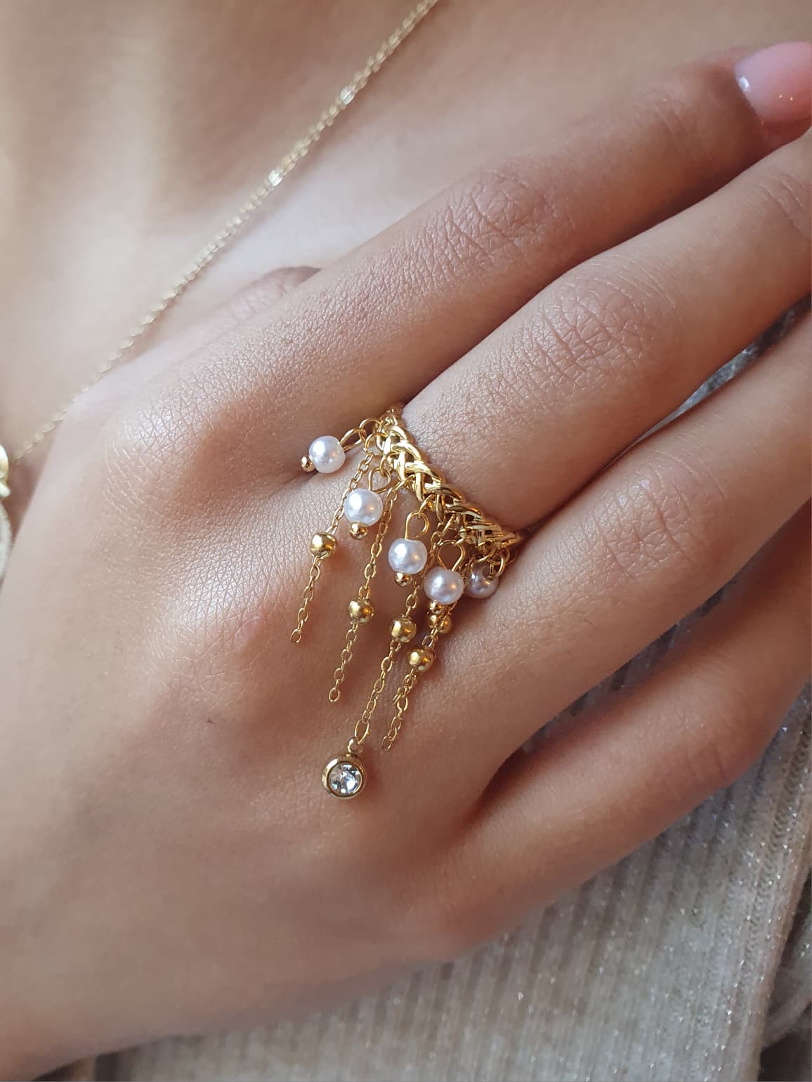 Bague Cascade perlée & zircon - doré