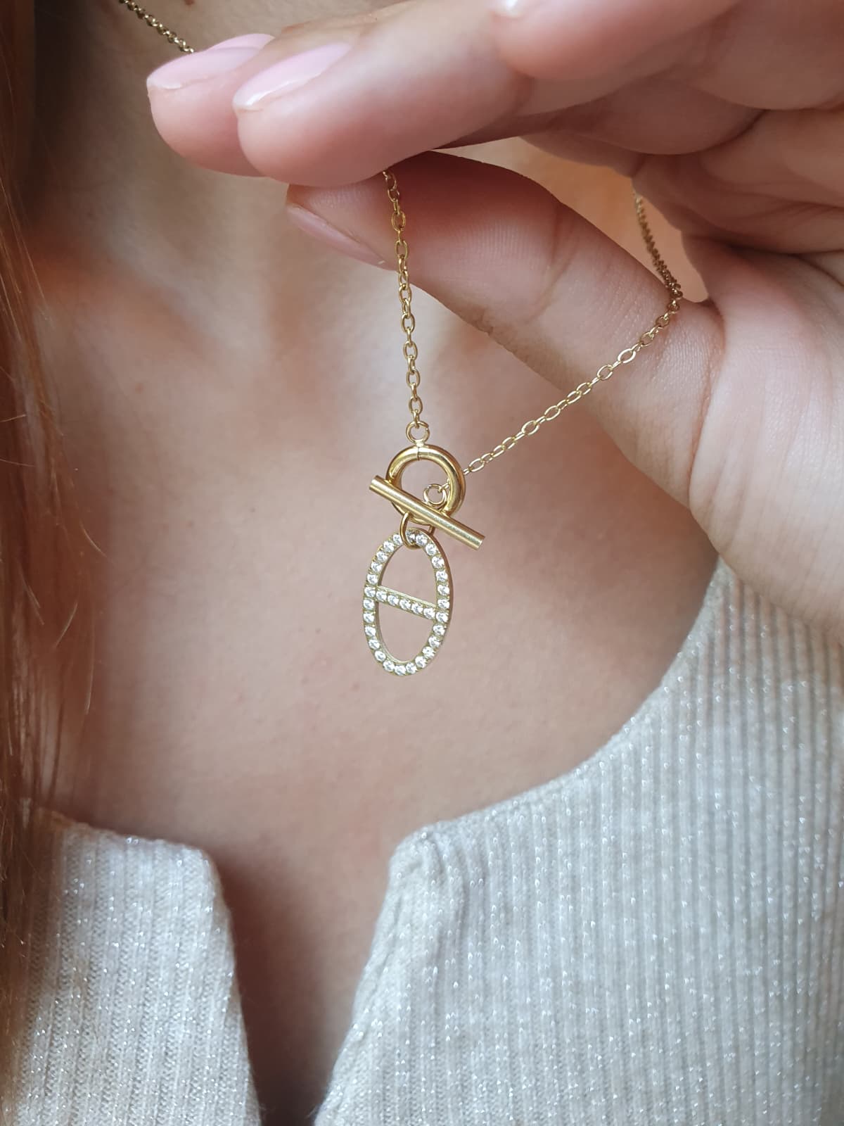 Collier fermoir à bascule et breloque maille marine strass - doré