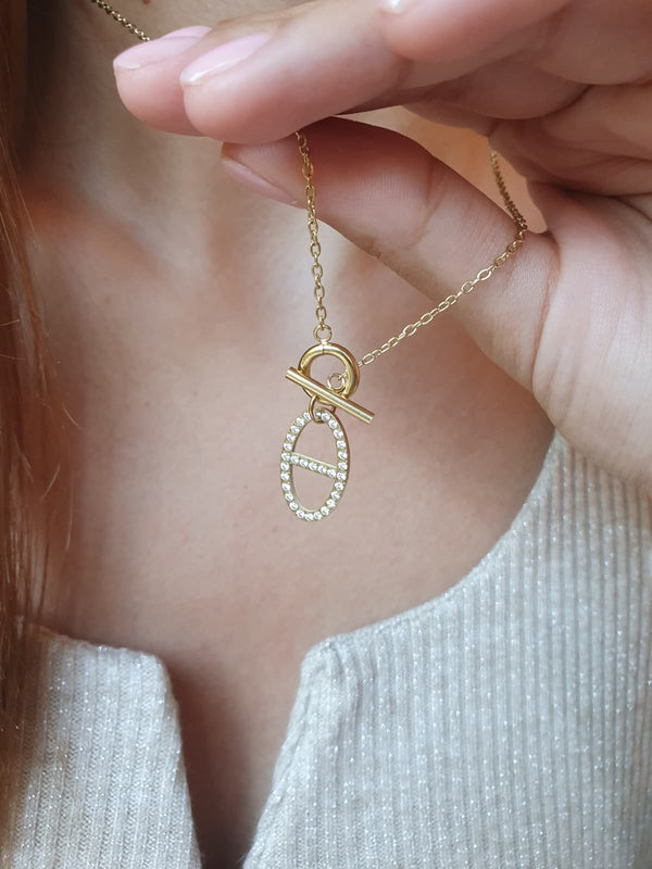 Collier fermoir à bascule et breloque maille marine strass - doré