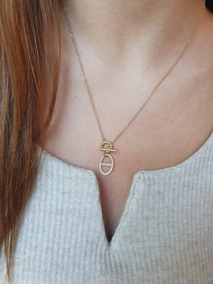Collier fermoir à bascule et breloque maille marine strass - doré