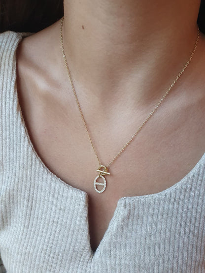 Collier fermoir à bascule et breloque maille marine strass - doré