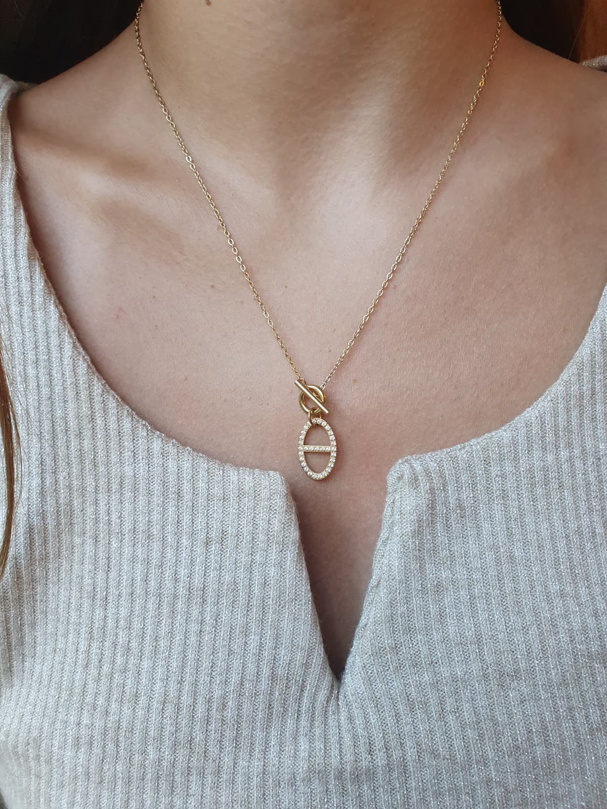 Collier fermoir à bascule et breloque maille marine strass - doré