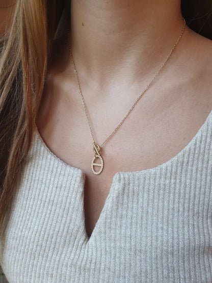 Collier fermoir à bascule et breloque maille marine strass - doré