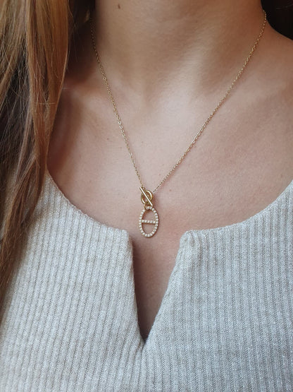 Collier fermoir à bascule et breloque maille marine strass - doré