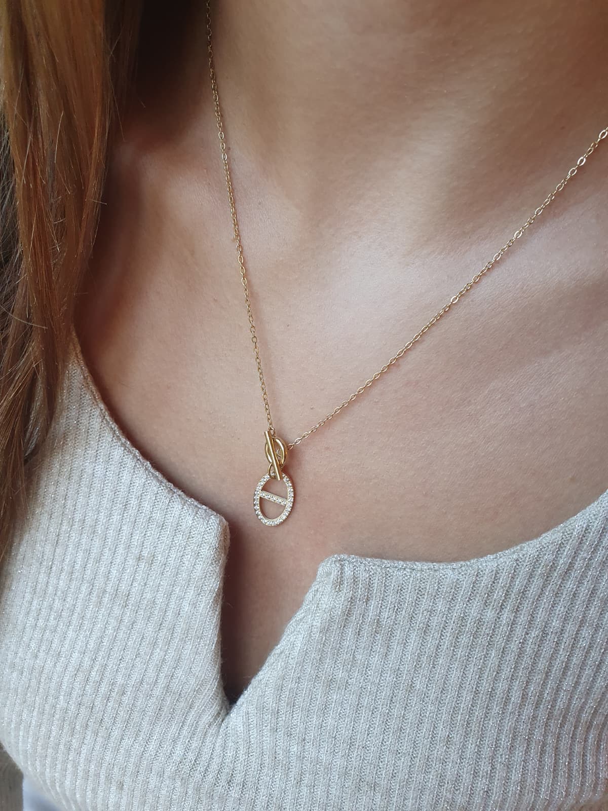 Collier fermoir à bascule et breloque maille marine strass - doré