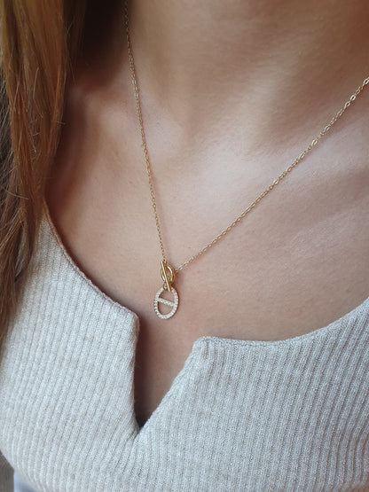 Collier fermoir à bascule et breloque maille marine strass - doré