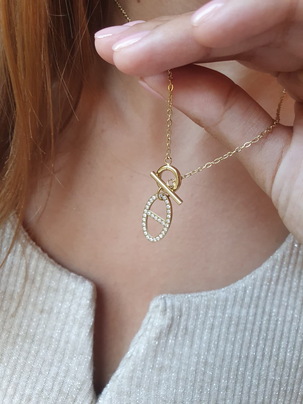 Collier fermoir à bascule et breloque maille marine strass - doré