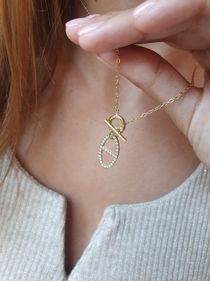 Collier fermoir à bascule et breloque maille marine strass - doré