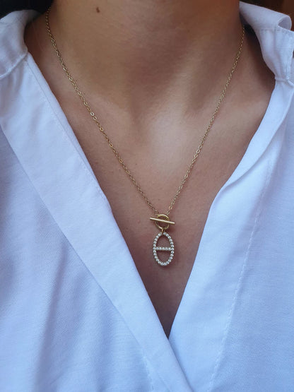 Collier fermoir à bascule et breloque maille marine strass - doré