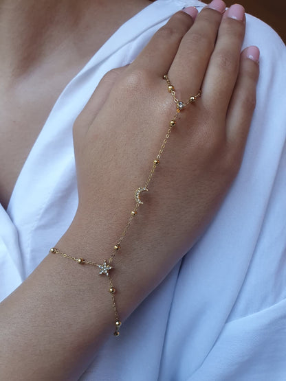 Bijou de main étoile et lune zircons - doré