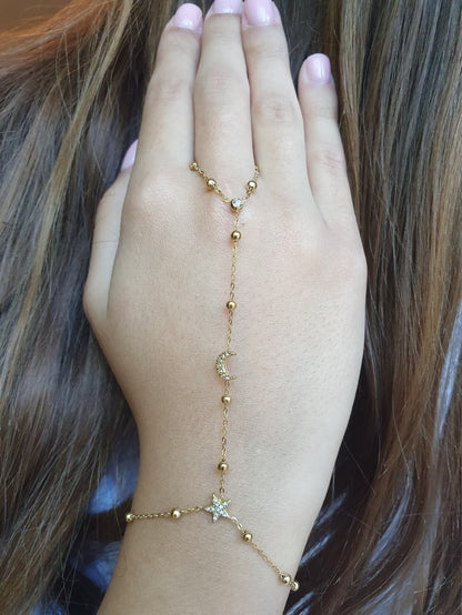 Bijou de main étoile et lune zircons - doré