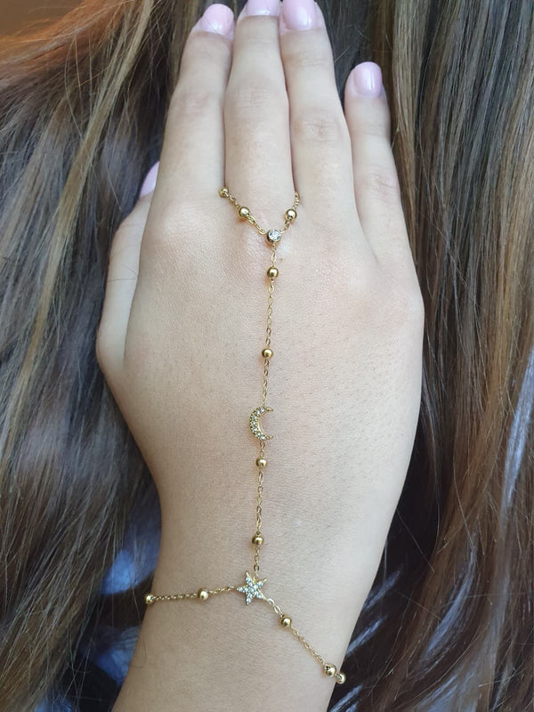 Bijou de main étoile et lune zircons - doré