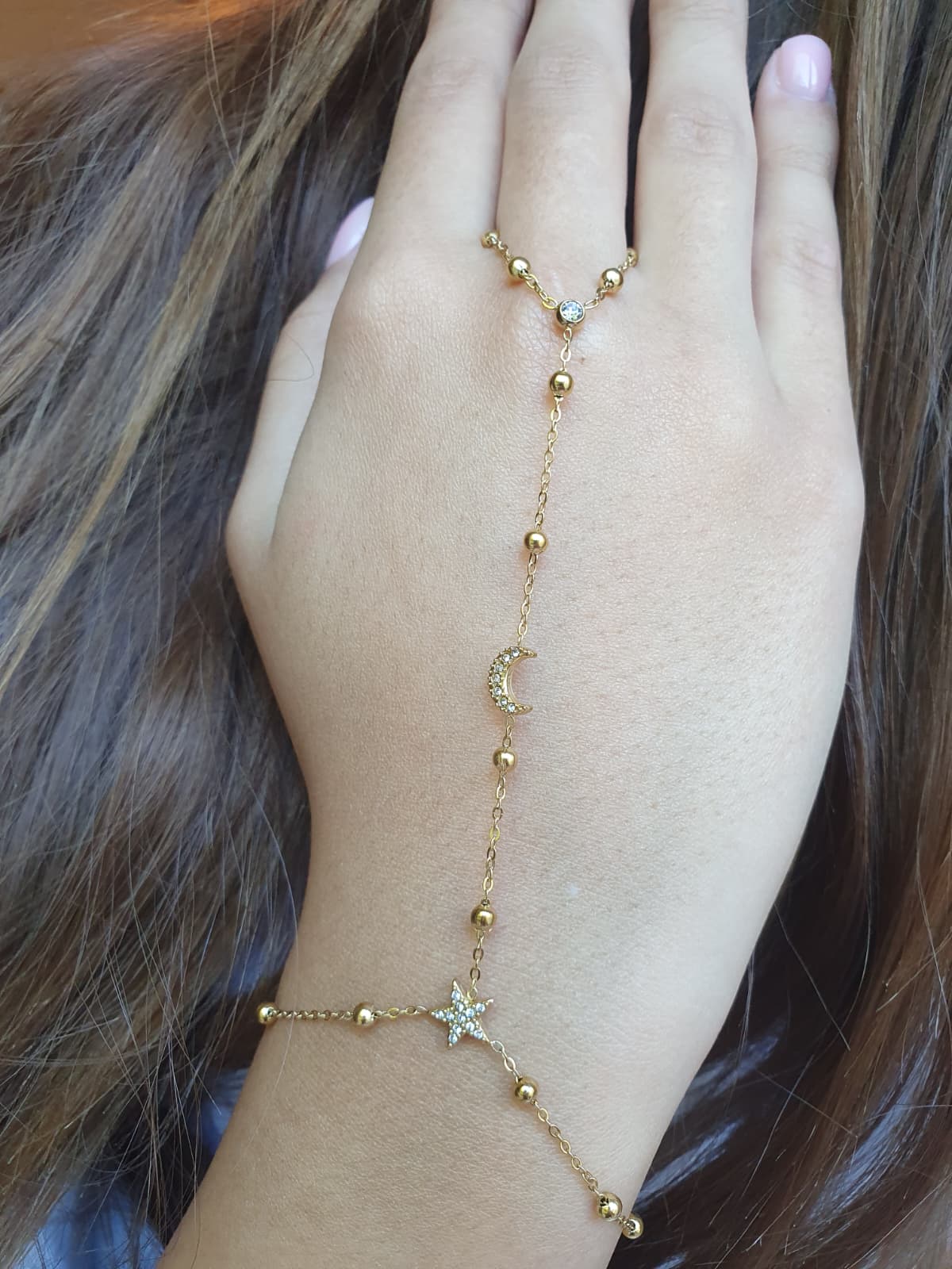 Bijou de main étoile et lune zircons - doré