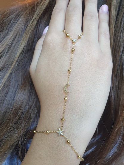 Bijou de main étoile et lune zircons - doré