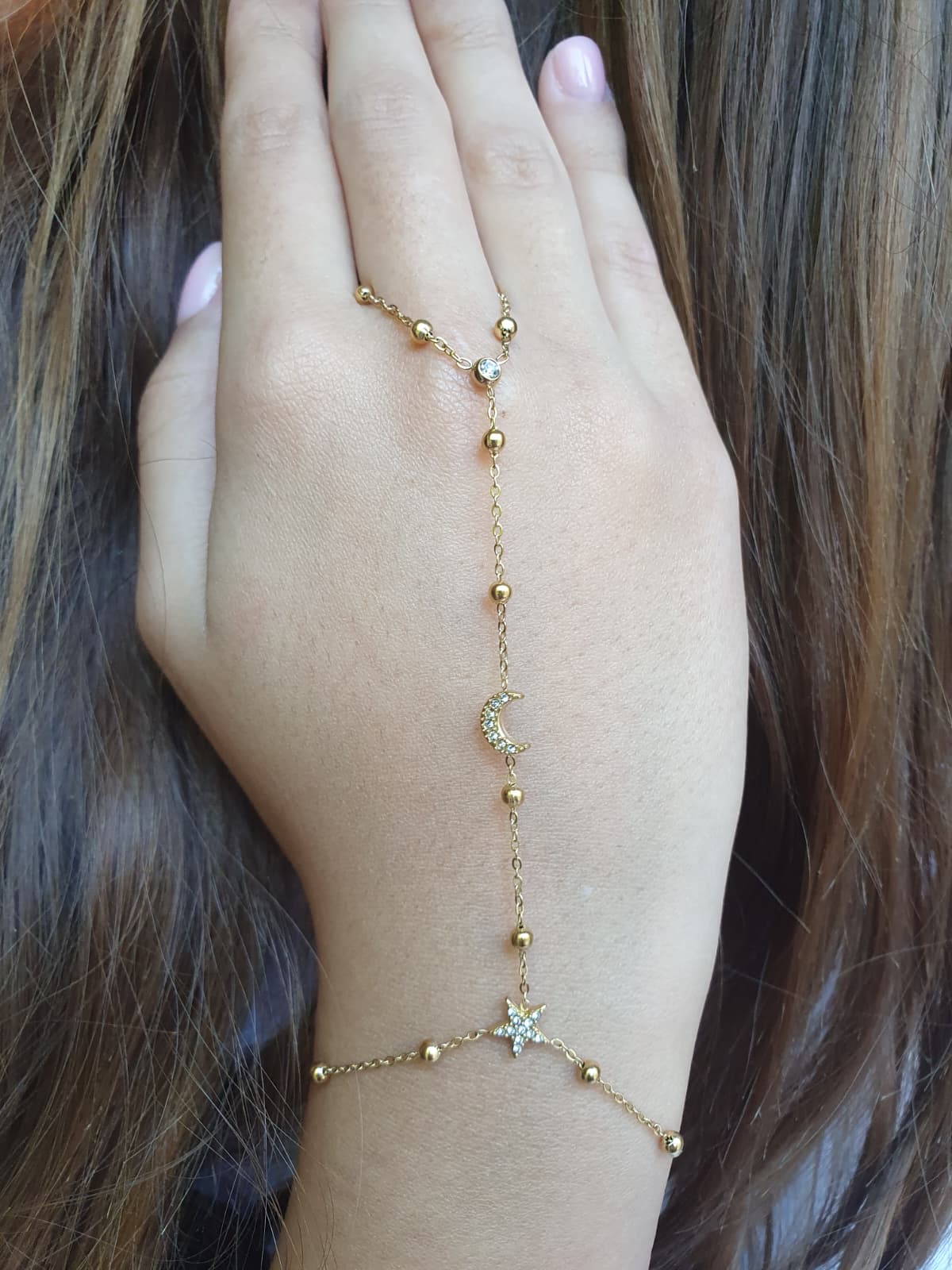Bijou de main étoile et lune zircons - doré