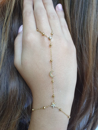 Bijou de main étoile et lune zircons - doré
