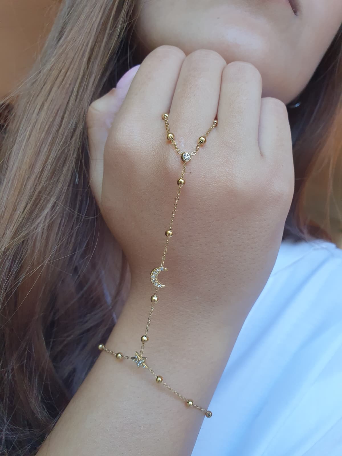 Bijou de main étoile et lune zircons - doré