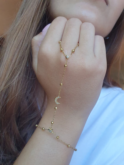 Bijou de main étoile et lune zircons - doré