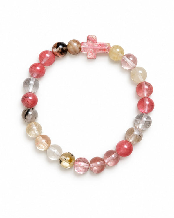 Bracelet élastique MÉLINE en quartz pastèque rose et cristal de roche avec croix, perles de 8 mm
