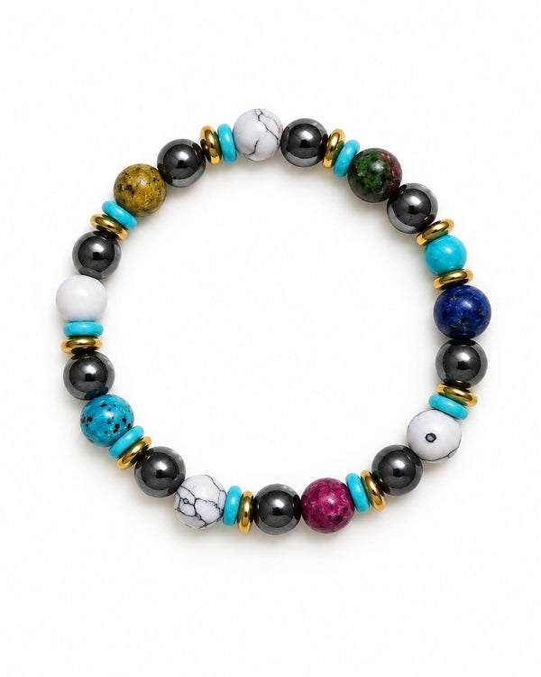 Bracelet élastique ZÉLIE en hématite, howlite, lapis-lazuli et turquoise, perles de 8 mm
