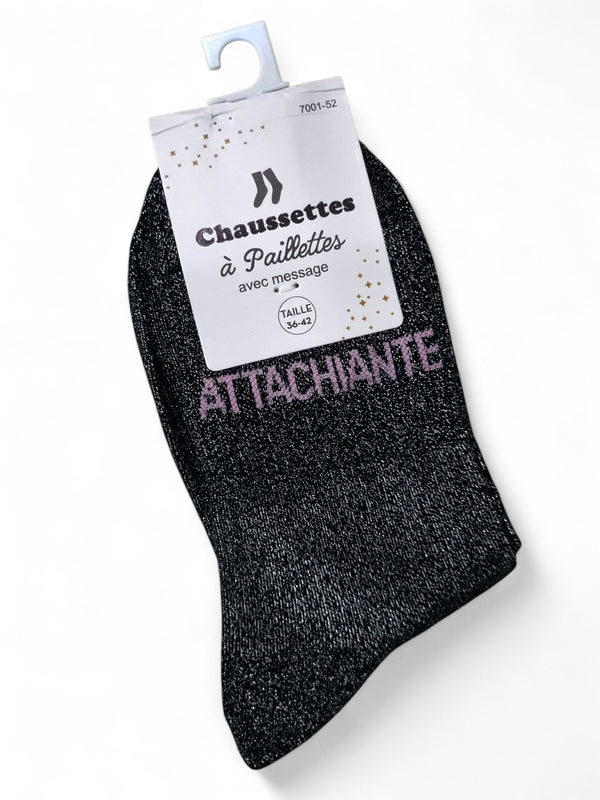 Chaussettes pailletées à message ATTACHIANTE| Couleur aléatoire